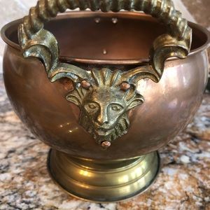 Vintage Copper Compote Bowl With Exaggerated Brass Rams Head Handles